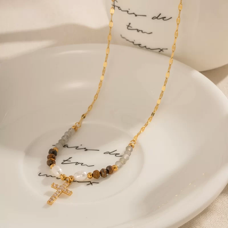 Ins Bohemian 18K Gold Plated Gemstone Fresh Water Pearl Zirconia Cross Beaded Pendant Necklace for Girls - Image 4