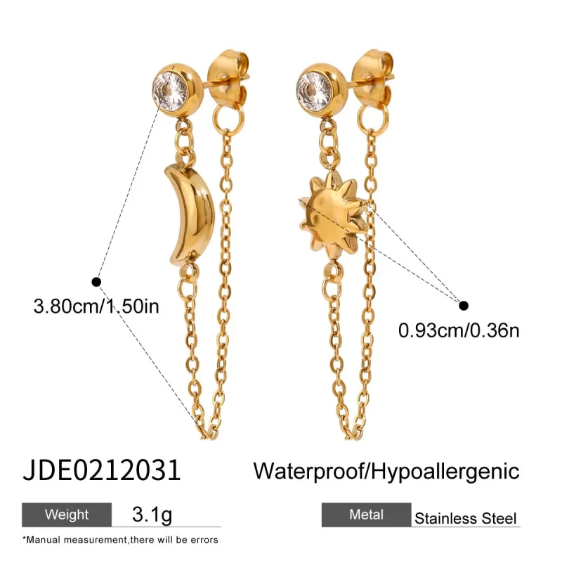 Unique 18K Gold Stainless Steel Star & Moon Earrings with White Zircon for Women AB Style Pair - Image 6