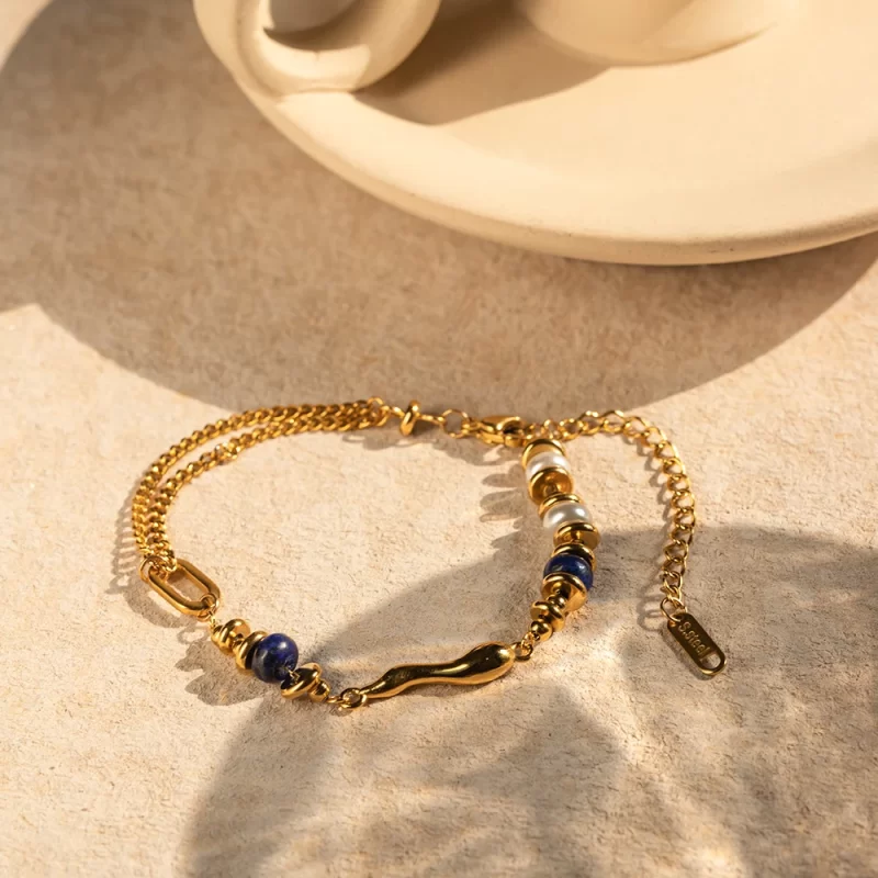 Exquisite Glass Pearl Lapis Lazuli Shaped Water Drop Metal Casting Bracelet for Women Waterproof Party Gift Jewelry - Image 3