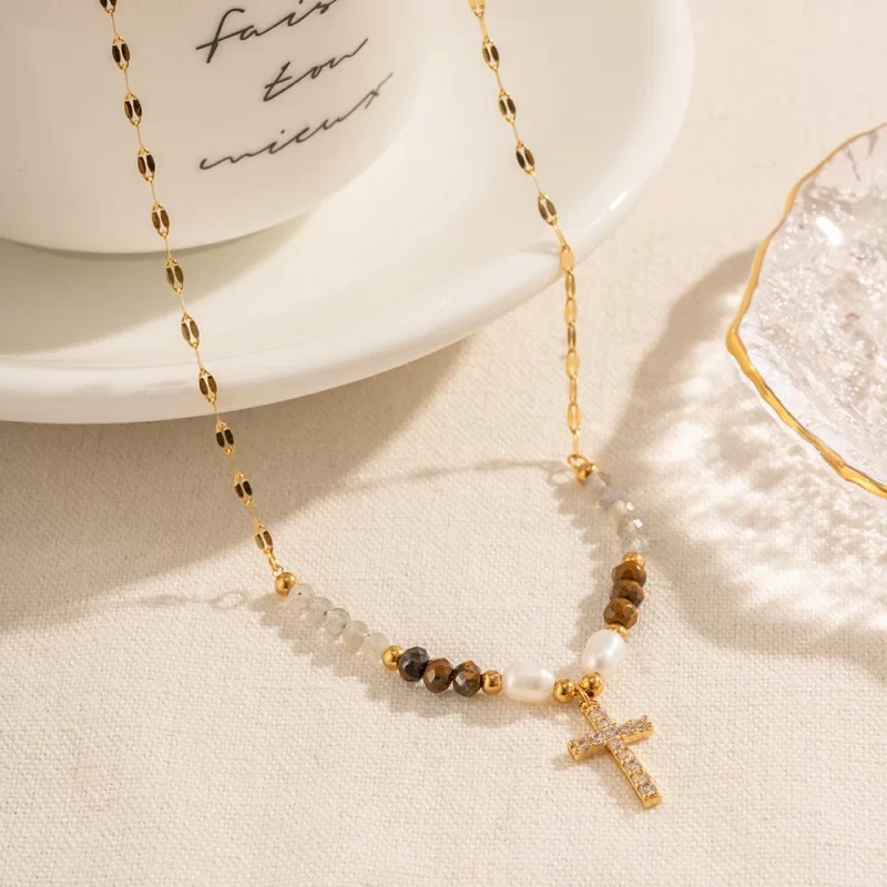Ins Bohemian 18K Gold Plated Gemstone Fresh Water Pearl Zirconia Cross Beaded Pendant Necklace for Girls - Image 5
