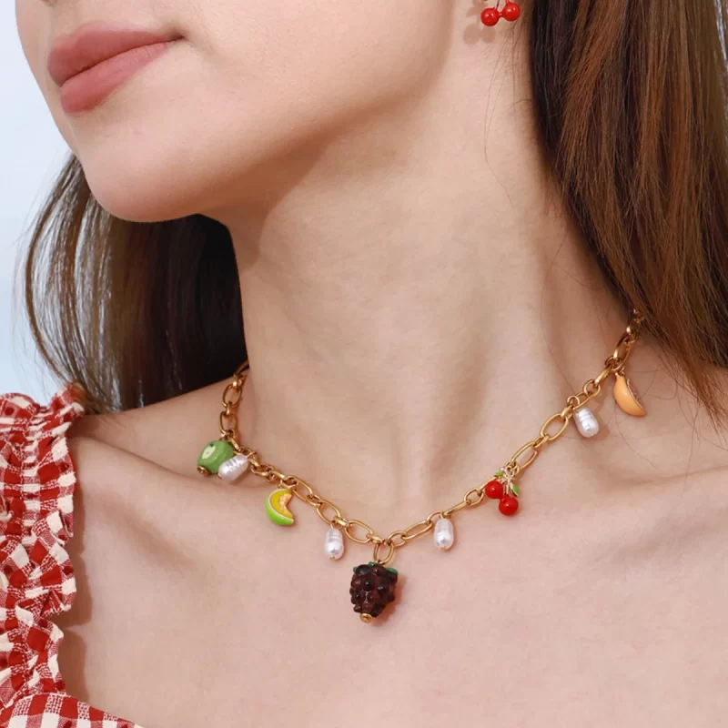 Youthway Summer Sweet Cute Pearl & Fruit Charm Pendant Necklace Stainless Steel PVD Plated Trendy Jewelry Wholesale - Image 3
