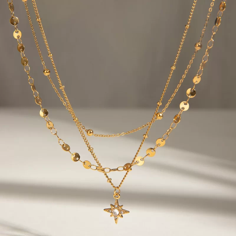 Youthway Rhinestone Star Layered Chain Pendant Necklace Women Stainless Steel Golden Metalic Waterproof Texture Necklace Jewelry