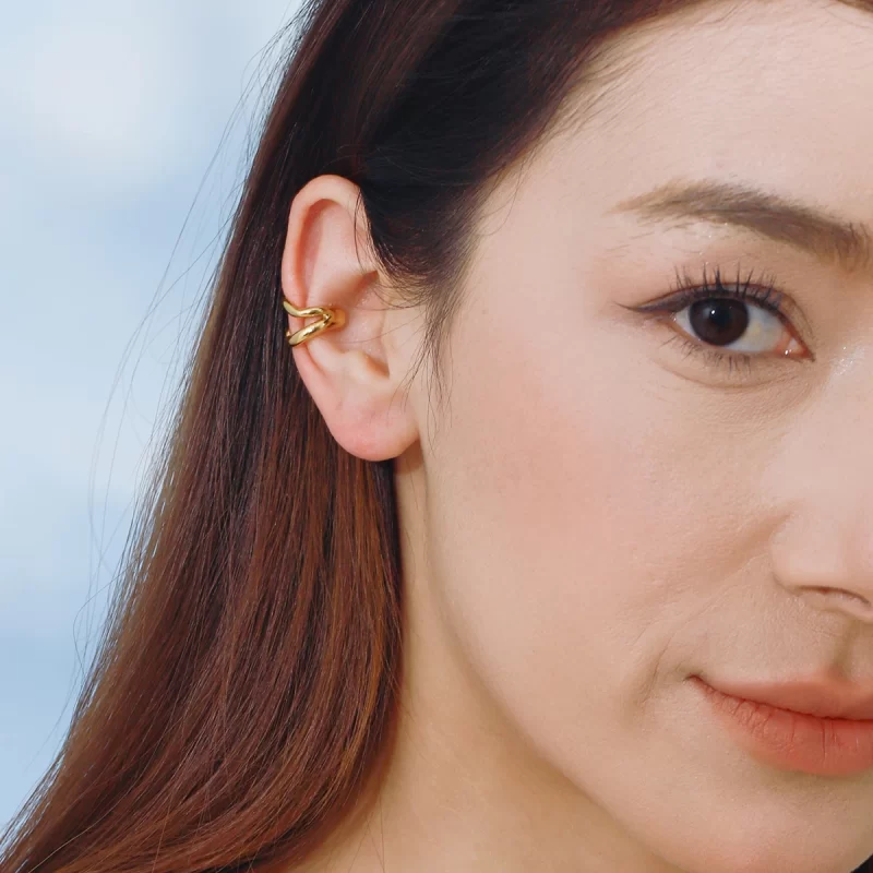 18K Gold Stainless Steel J&D 18K Gold Stainless Steel 2 Lines Smooth High Polished Minimalist Ear Cuff - Image 3