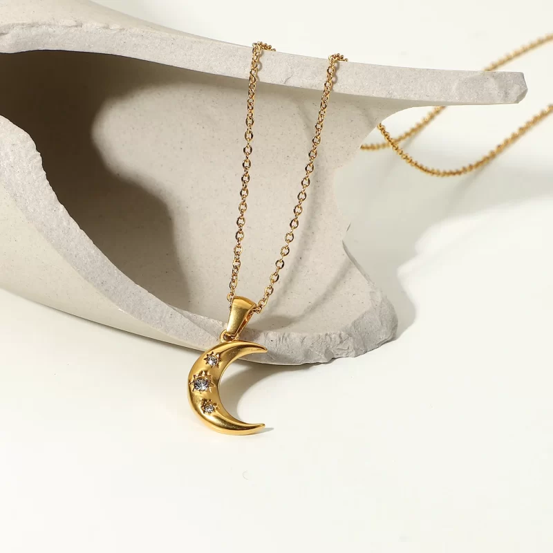 Retro Style Stainless Steel 18K Gold Plated Female Jewelry Gift Three Tiny Zircon Inlaid Moon Pendant Necklace - Image 4