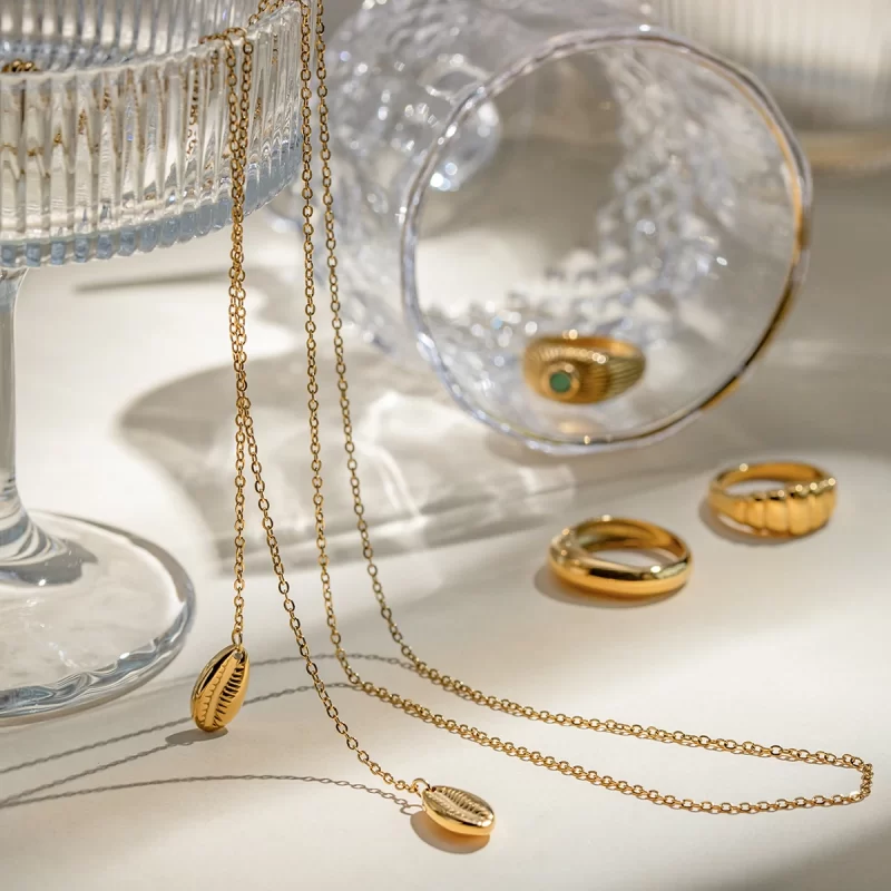 Waterproof Stainless Steel Jewelry Y Necklace Fashion 18K Gold Plated Snake Chain Shell Shape Textured Irregular Pendent - Image 5