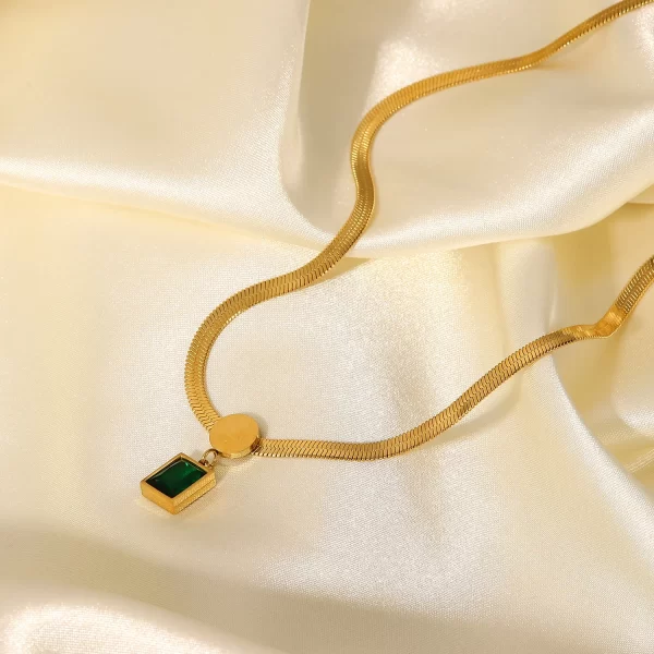 18K Gold Plated Stainless Steel Green Square Zircon Pendant Snake Chain Necklace for Women's 2022 - Image 2