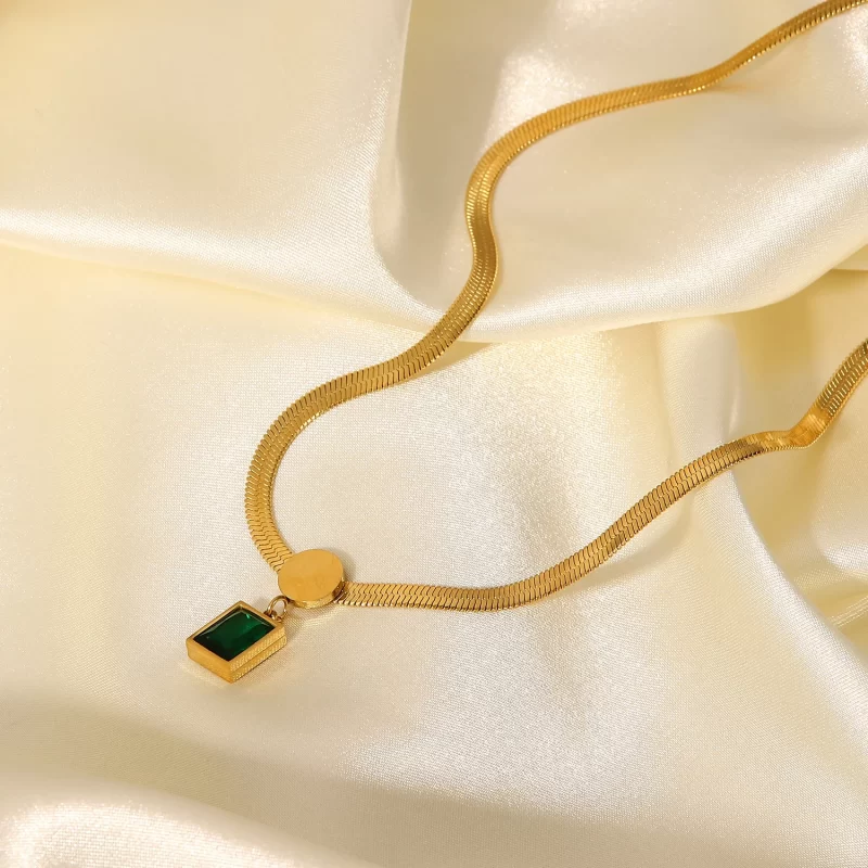 18K Gold Plated Stainless Steel Green Square Zircon Pendant Snake Chain Necklace for Women's 2022 - Image 2