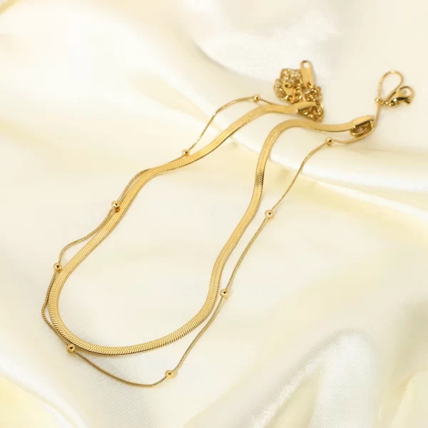 J&D New Stainless Steel 14K Gold Plated Chain Double Layer Round Beads Necklace Fashion Women Jewelry - Image 4