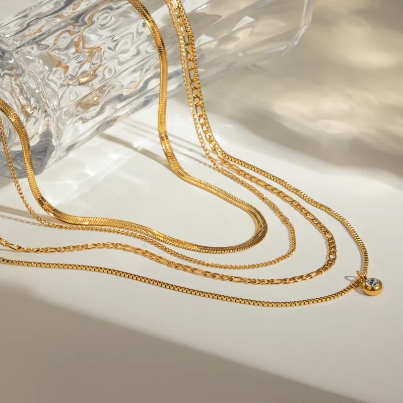J&D Women Party Jewelry Stainless Steel 18K Gold Plated Necklaces Four Layer Rhinestone Chain Necklaces - Image 4