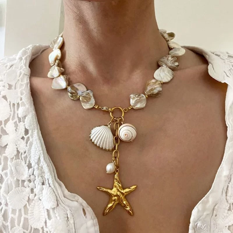 New Trendy Ocean Series 18K PVD Gold Plated Stainless Steel Pearl Starfish Shell Choker Necklace for Women - Image 2