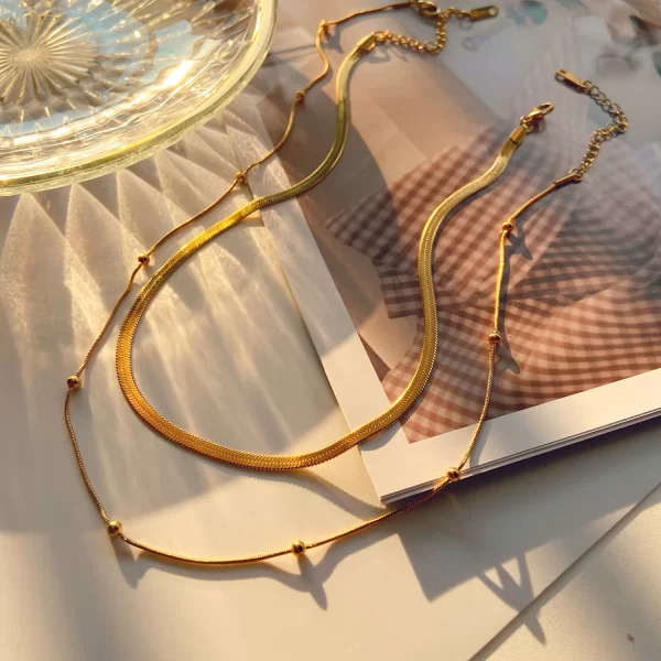 J&D New Stainless Steel 14K Gold Plated Chain Double Layer Round Beads Necklace Fashion Women Jewelry