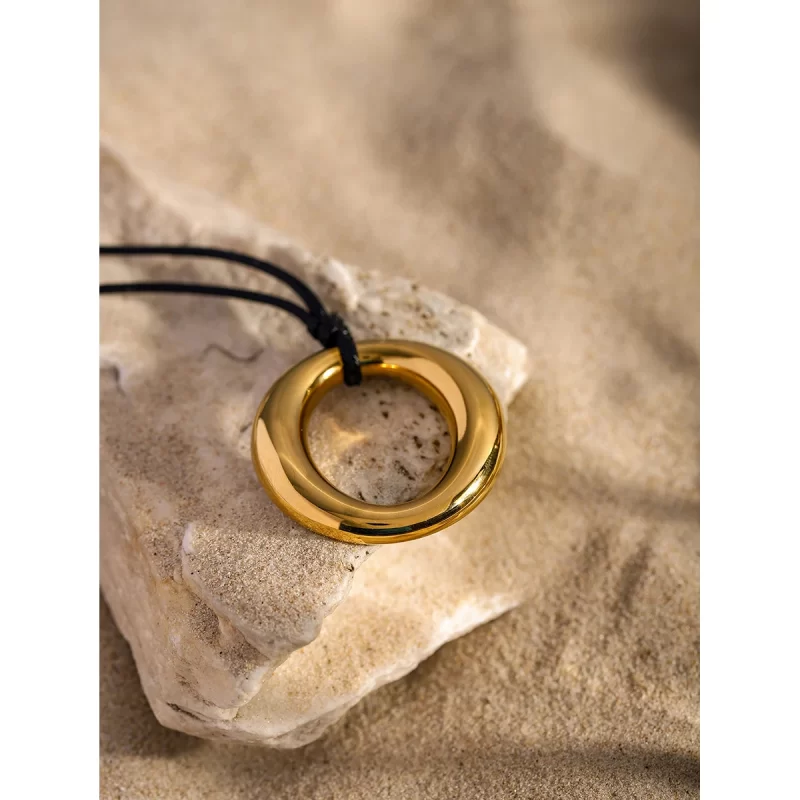 J&D Hollow Round Pendant Necklace 18K Gold Silver Plated Stainless Steel Black Rope Drop Necklace for Women