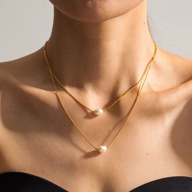 Elegant 18k Gold Plated Double Layered Freshwater Pearl Stainless Steel Pendant Necklace for Women - Image 2