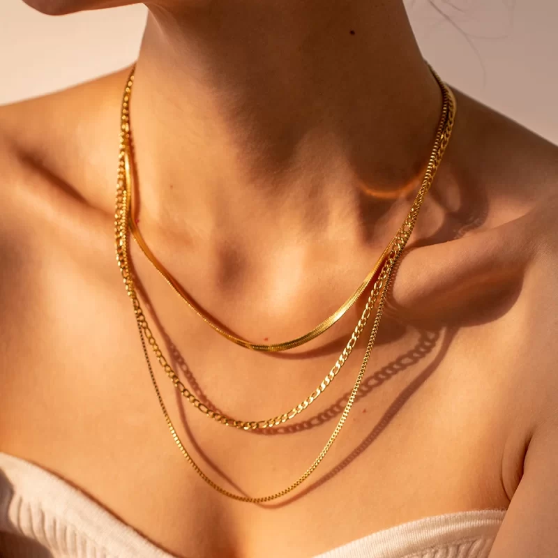 J&D Fashion Jewelry Women Necklaces Herringbone 18K Gold Plated Flat Chain Snake Layered Necklace - Image 4