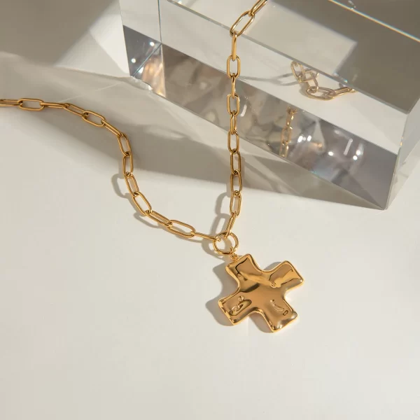 J&D 18k Gold Stainless Steel Jewelry Hammered Cross Pendant Necklace With Adjustable Ring Pearl Beads Chain Type Gold Plated - Image 5