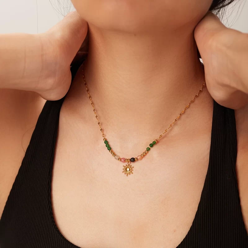 New Arrivals Manual Natural Stone Beads Splicing Necklace Women's Sun Pendant Statement Necklace - Image 2