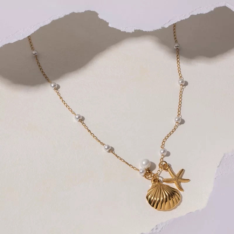 J&D Unique Earrings 18K Gold Plated Stainless Steel Texture Scallop Shell Shape Necklace and Earring Set - Image 3