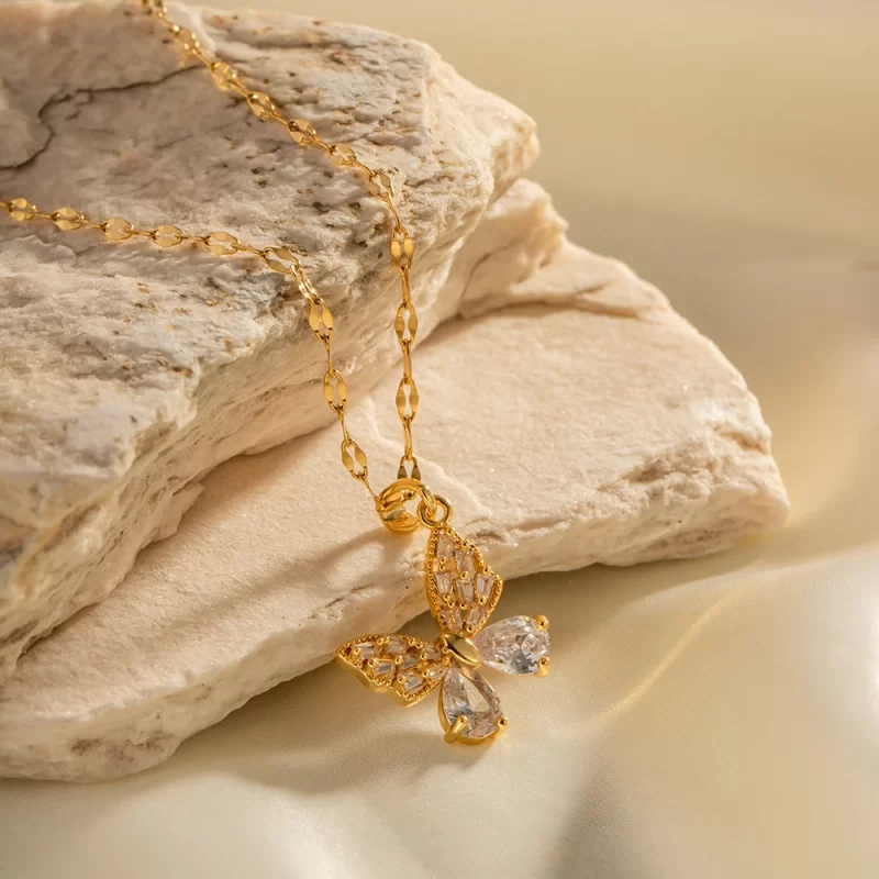 Fashion Jewelry 18K Gold Plated Stainless Steel Clear Cubic Zircon Paved Butterfly Pendant Necklace - Image 4