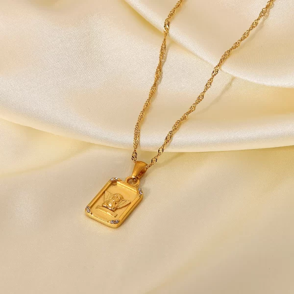 Square Zircon Embossed Angel Pendant Necklace Stainless Steel Gold Plated Gift Necklace for Women - Image 5