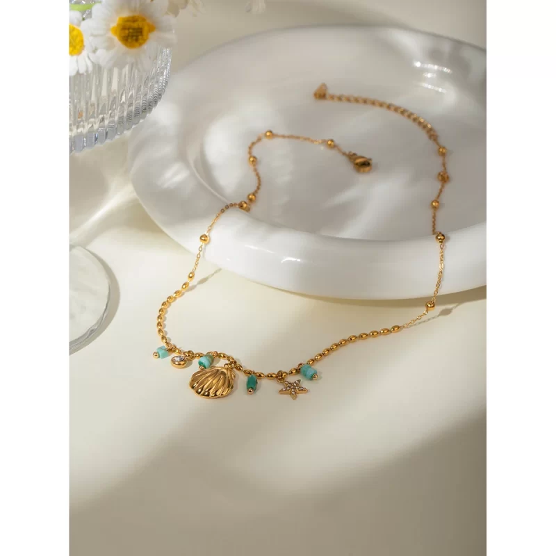 J&D 18K Gold Plated Stainless Steel Crystal Amazonite Shell Star Crystal Inlaid Blue Pendant Necklace, 40+5cm - Image 2