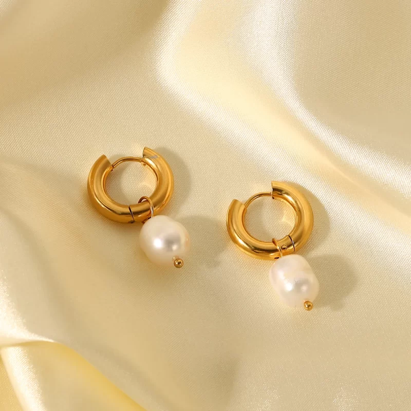 New Trend Geometric Stainless Steel CC Shape Pearl Hoop Earrings Geometric 18K Gold Plated Pearl Hoop Earring for Women - Image 5