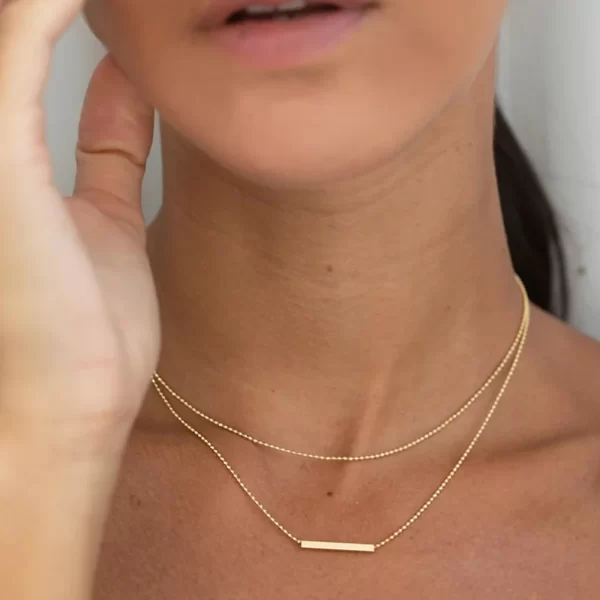 Waterproof T-bar Pendant Double Layer Bar Necklace Stainless Steel Bead Chain Layer Necklace for Women - Image 3