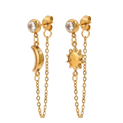 Unique 18K Gold Stainless Steel Star & Moon Earrings with White Zircon for Women AB Style Pair