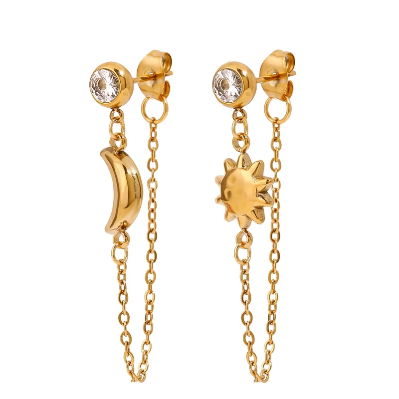 Unique 18K Gold Stainless Steel Star & Moon Earrings with White Zircon for Women AB Style Pair