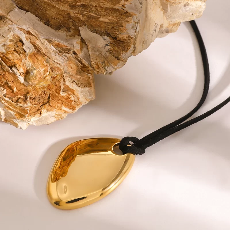 J&D 18k Stainless Steel Modern Irregular Smooth Pendant Fashion Necklace Black Wax Rope 70cm - Image 4