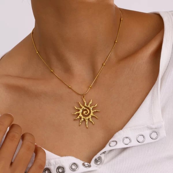J&D 18k Gold Stainless Steel Spiral Sun Pendant Necklace 40+5cm - Image 3