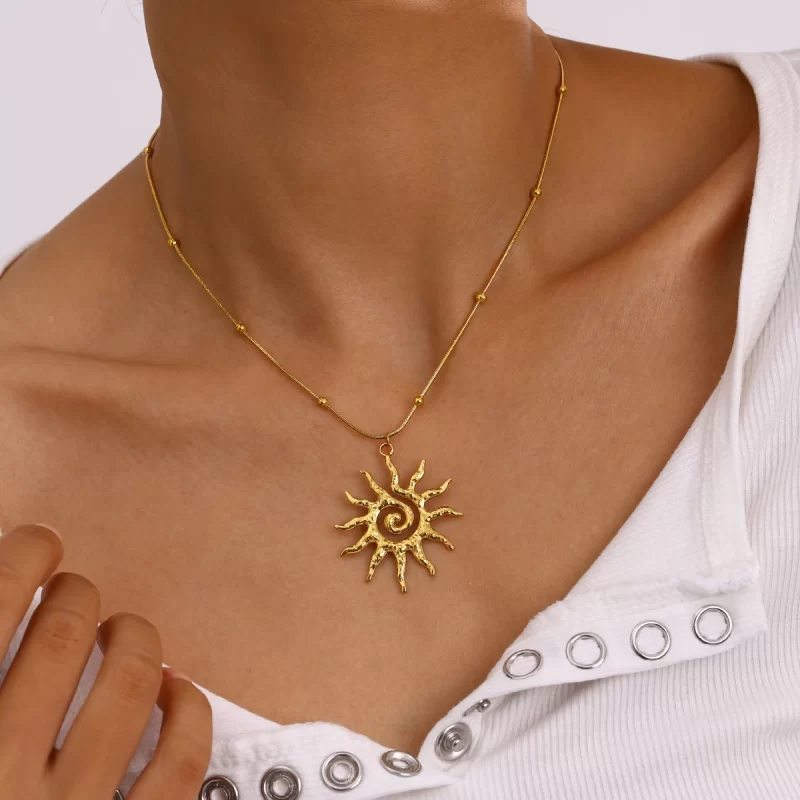 J&D 18k Gold Stainless Steel Spiral Sun Pendant Necklace 40+5cm - Image 3