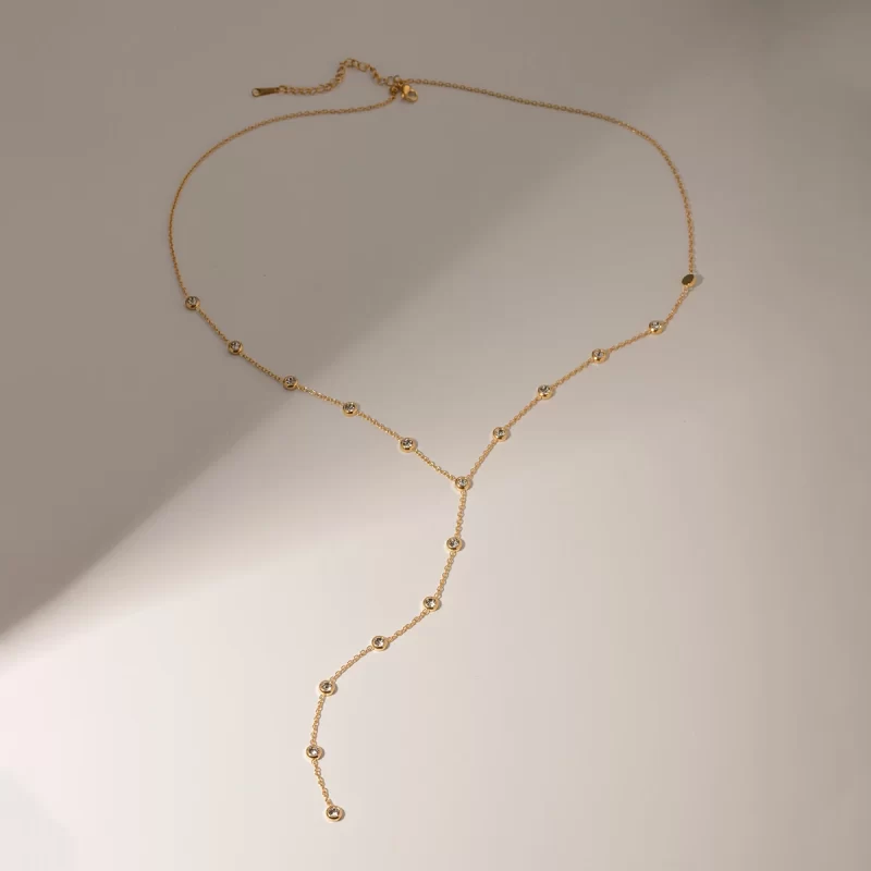 J&D Jewelry Dainty 18K PVD Gold Plated Stainless Steel Cubic Zirconia Long Y Shape Chain Necklace