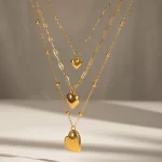 J&D Triple Layer Heart Pendant Necklace for Women 18k Gold Plated Stainless Steel Bead Chain Layered Minimalist Jewelry
