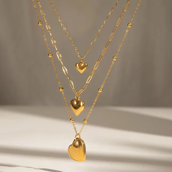 J&D Triple Layer Heart Pendant Necklace for Women 18k Gold Plated Stainless Steel Bead Chain Layered Minimalist Jewelry