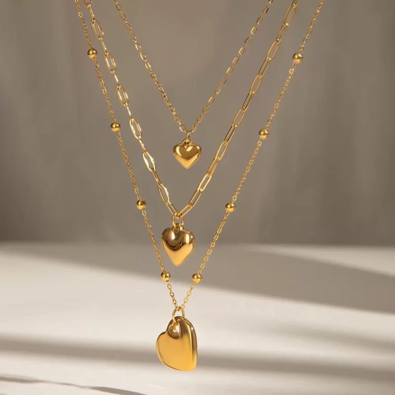 J&D Triple Layer Heart Pendant Necklace for Women 18k Gold Plated Stainless Steel Bead Chain Layered Minimalist Jewelry