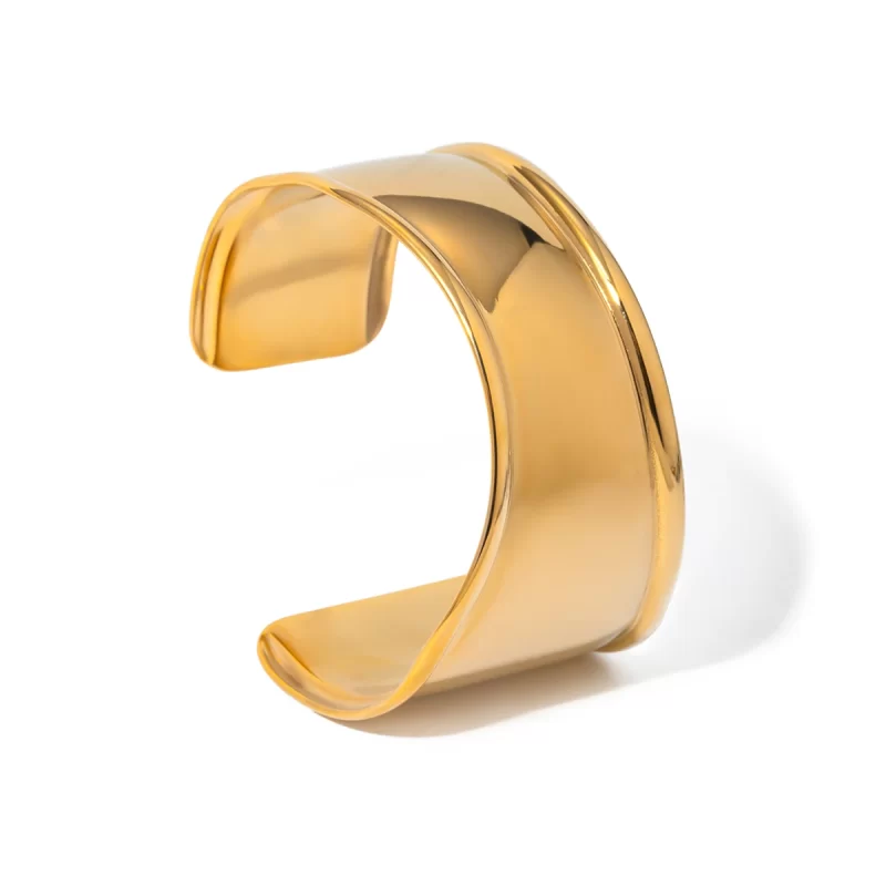 18K PVD Gold Plated Silver Wide Hammered Texture and V Gap Opening Irregular Shape Cuff Bangle for Women