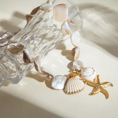 New Trendy Ocean Series 18K PVD Gold Plated Stainless Steel Pearl Starfish Shell Choker Necklace for Women