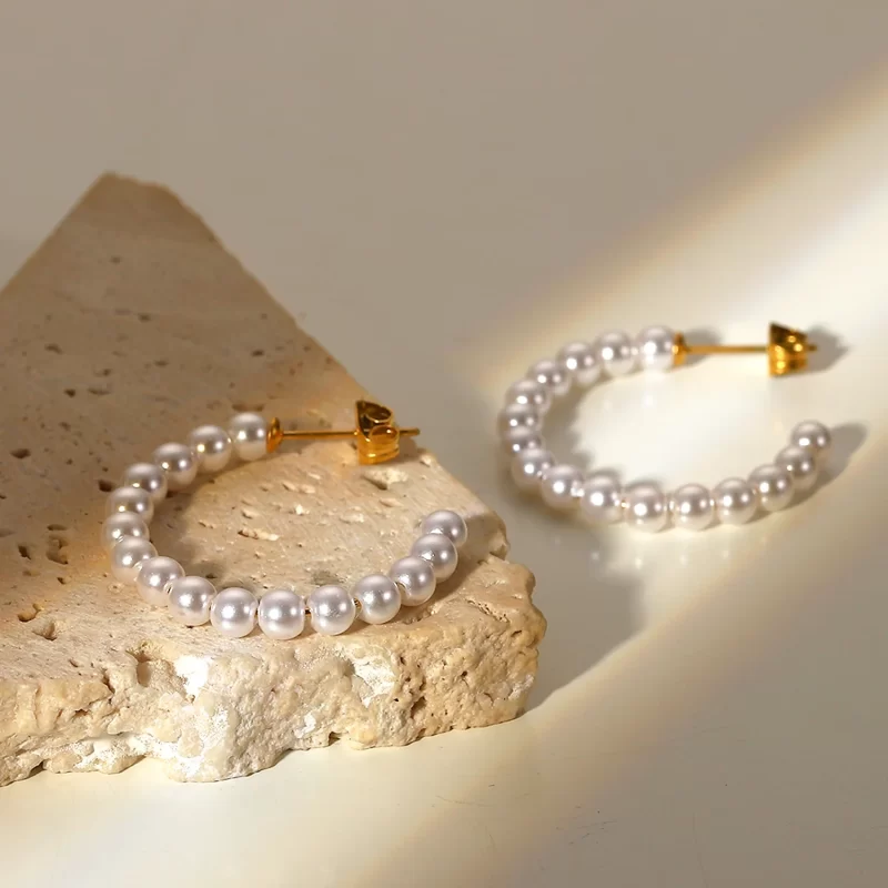 Pearl Beaded Jewelry CC Circle Stud Earrings Ins Geometric Stainless Steel 18K Gold Pearl Hoop Earrings - Image 5