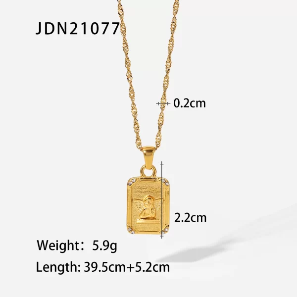Square Zircon Embossed Angel Pendant Necklace Stainless Steel Gold Plated Gift Necklace for Women - Image 6