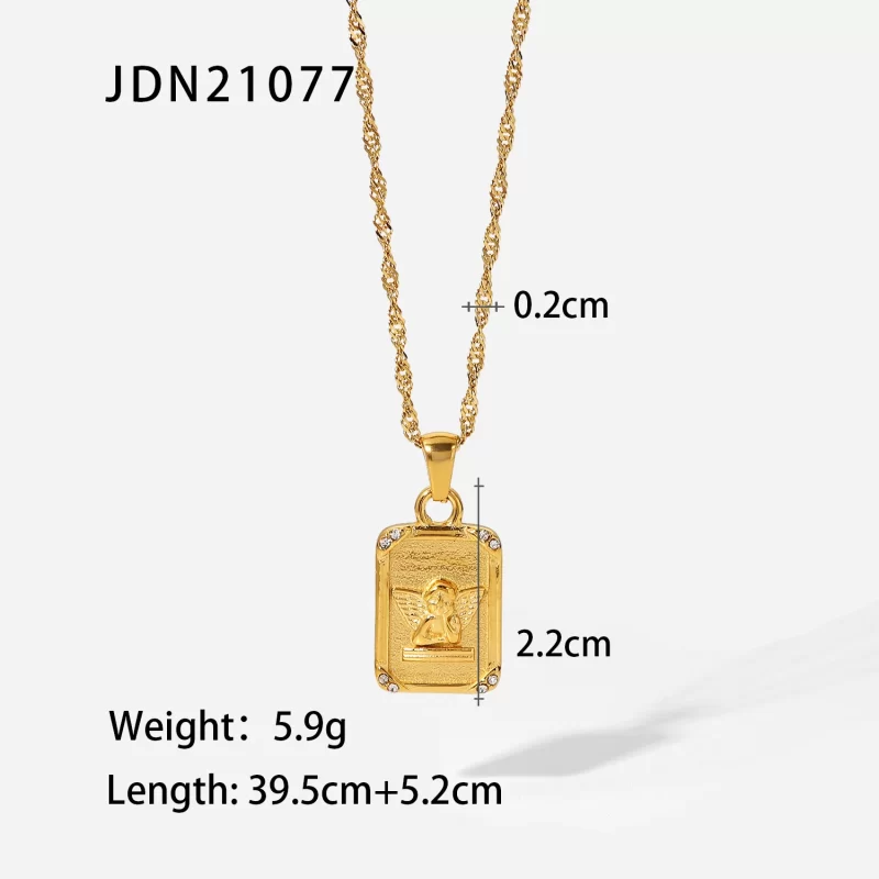 Square Zircon Embossed Angel Pendant Necklace Stainless Steel Gold Plated Gift Necklace for Women - Image 6