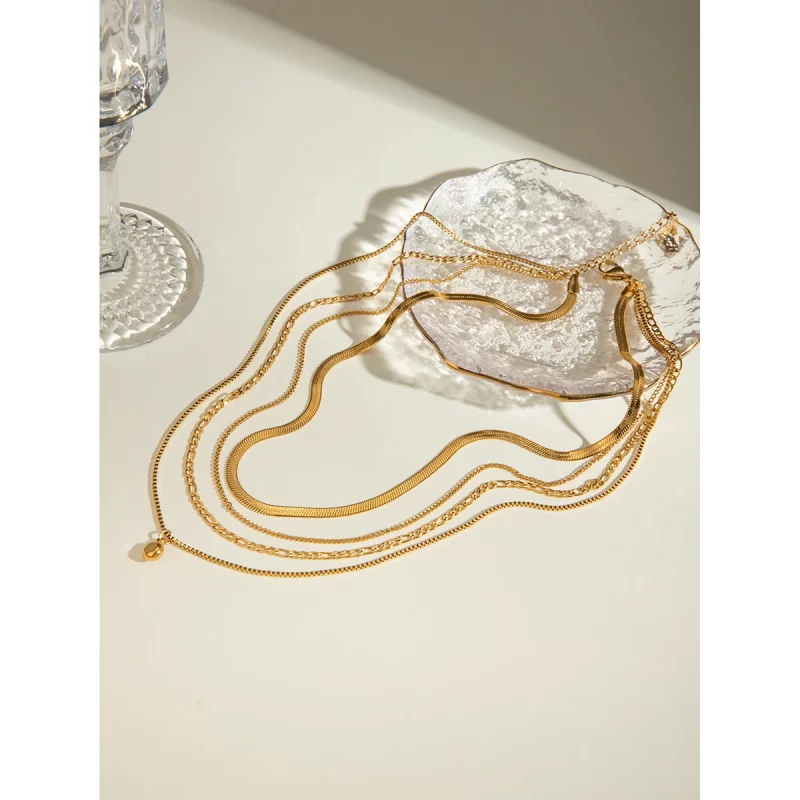 J&D Women Party Jewelry Stainless Steel 18K Gold Plated Necklaces Four Layer Rhinestone Chain Necklaces - Image 5