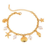 Trendy Ocean 18K Gold Stainless Steel Bracelet Shell Starfish Highlight Glass Pearl Bangles Summer Wearing