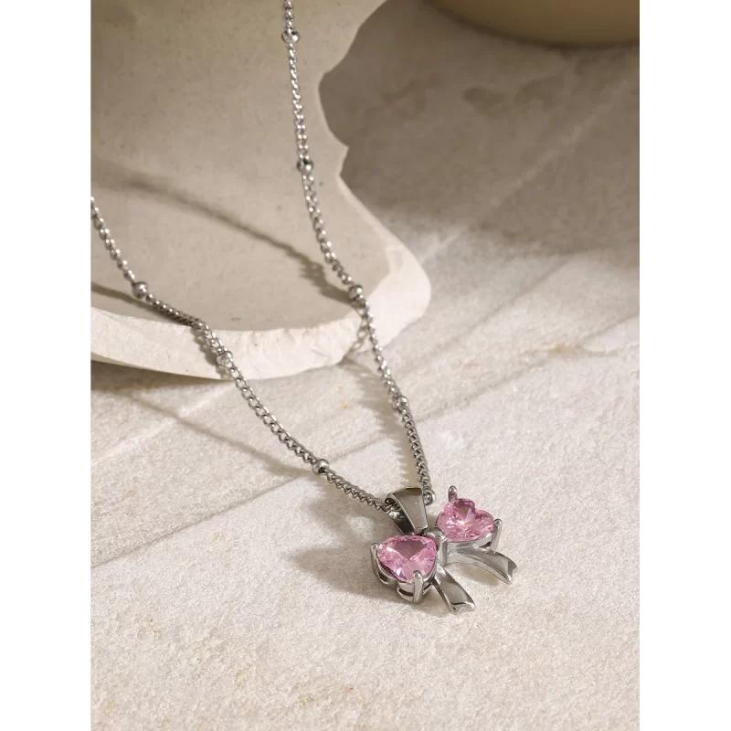 J&D 18K Gold Plated Stainless Steel Bow Knot White Cubic Zirconia Pendant Necklace, 40+5cm - Image 5