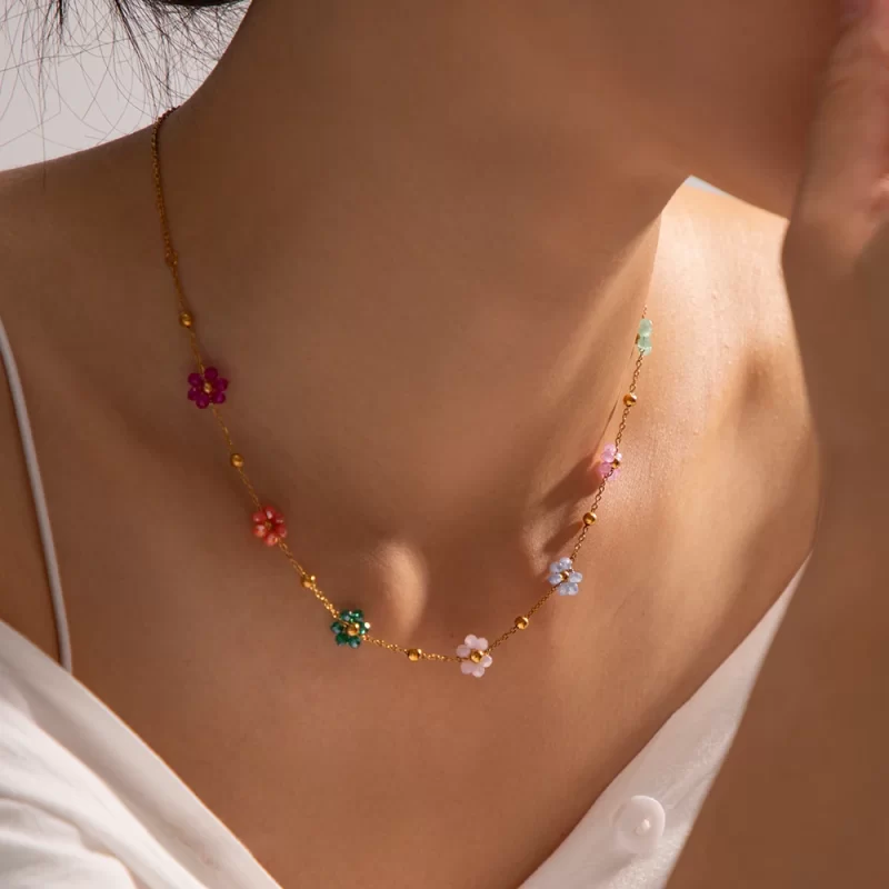 J&D Jewelry Stainless Steel 18K Gold Plated Bead Chain Sunflower Colorful 5 Flower Charm Bracelet Necklace - Image 3