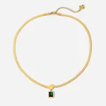 18K Gold Plated Stainless Steel Green Square Zircon Pendant Snake Chain Necklace for Women's 2022