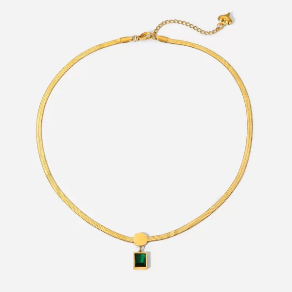 18K Gold Plated Stainless Steel Green Square Zircon Pendant Snake Chain Necklace for Women's 2022
