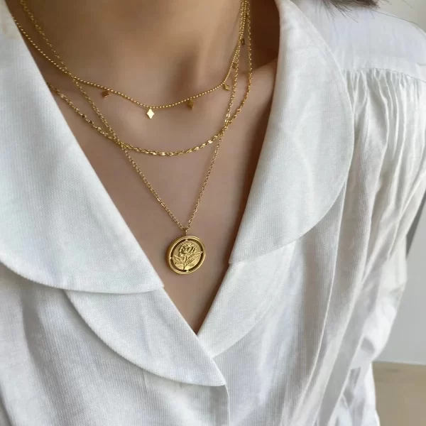 18K Gold Plated Layer Necklace Stainless Steel Double Layered Tassel Sequined Bead Chain Necklace - Image 2