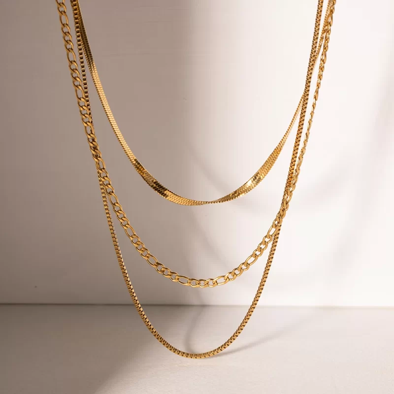 J&D Fashion Jewelry Women Necklaces Herringbone 18K Gold Plated Flat Chain Snake Layered Necklace - Image 2