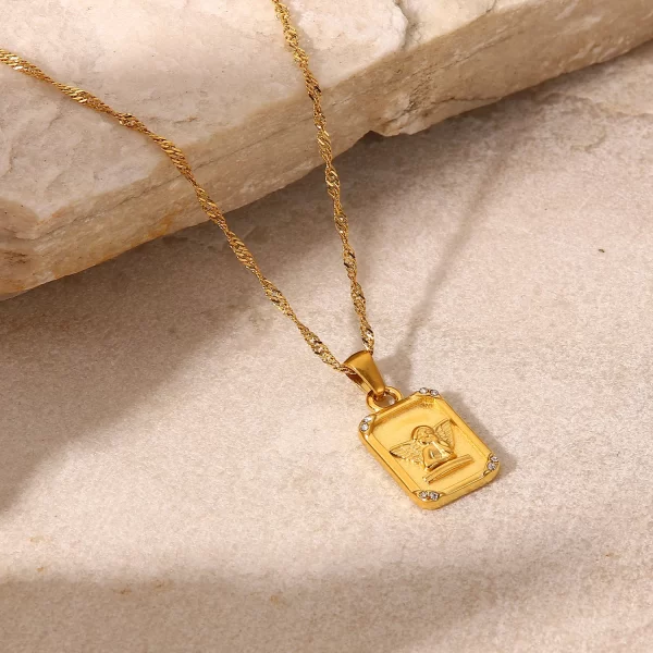 Square Zircon Embossed Angel Pendant Necklace Stainless Steel Gold Plated Gift Necklace for Women - Image 4