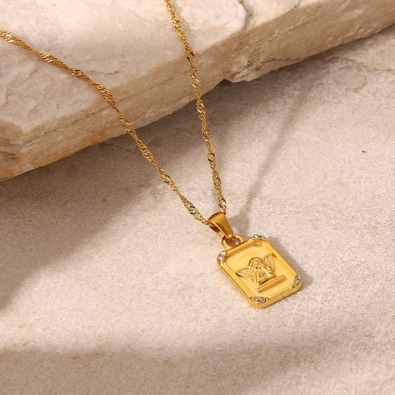 Square Zircon Embossed Angel Pendant Necklace Stainless Steel Gold Plated Gift Necklace for Women - Image 4